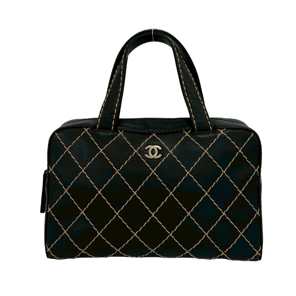 CHANEL Black Leather Logo Boston Bag